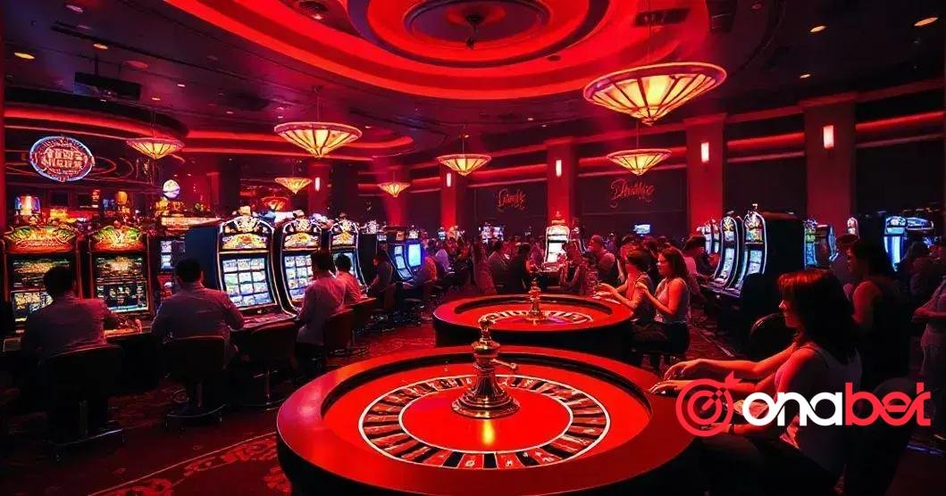 A imagem mostra o interior de um cassino. À esquerda, há várias máquinas caça-níqueis alinhadas, cada uma com displays brilhantes e coloridos e sinalização como ‘Super Jackpot’. À direita, há uma fileira de mesas de jogo com jogadores sentados ao redor. Em primeiro plano, há uma grande mesa de roleta com uma roda girando, sem bola ou apostas visíveis no momento. O ambiente tem carpete vermelho e um teto vermelho combinando com luminárias circulares que emitem um brilho quente. A atmosfera parece vibrante e movimentada, com clientes envolvidos em atividades de jogo. A logo da Onabet está na parte inferior direito, representada por um símbolo de um alvo com uma flecha em um tom de vermelho e o nome "onabet" em letras brancas.