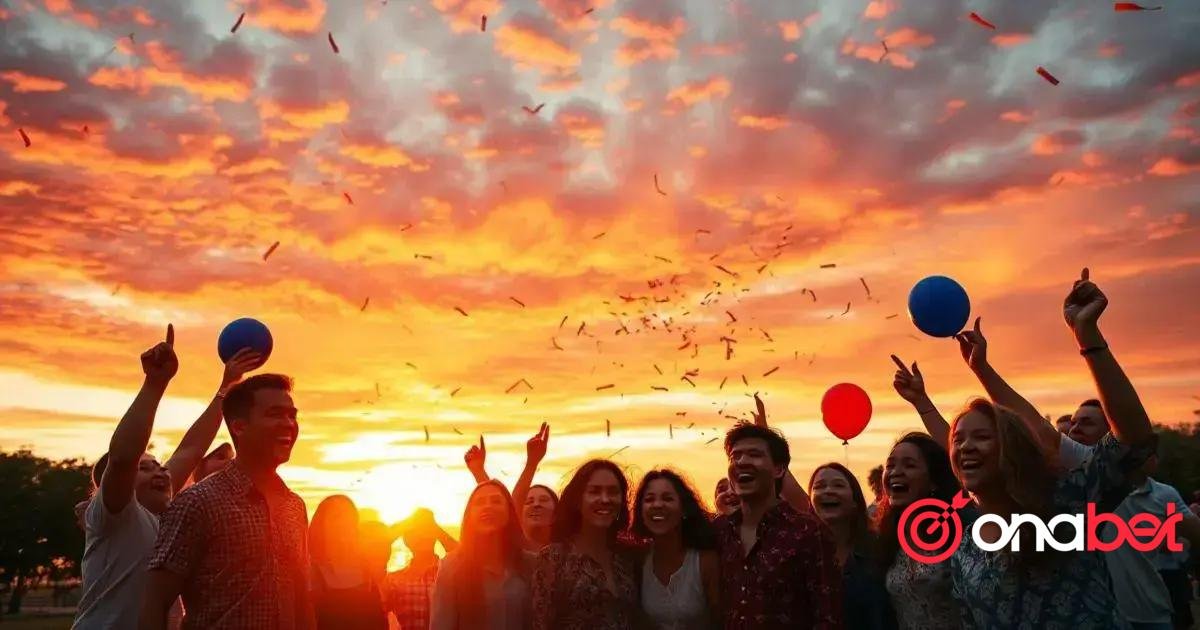 Um grupo de pessoas está celebrando ao ar livre ao pôr do sol, com os braços levantados no ar. Algumas pessoas estão segurando balões azuis, e há pedaços de confete vermelho espalhados no ar, sugerindo uma atmosfera festiva. O céu está cheio de tons quentes de laranja e vermelho, indicando o sol se pondo. No primeiro plano, há um logotipo com texto branco em um fundo vermelho que diz “onabet”. 