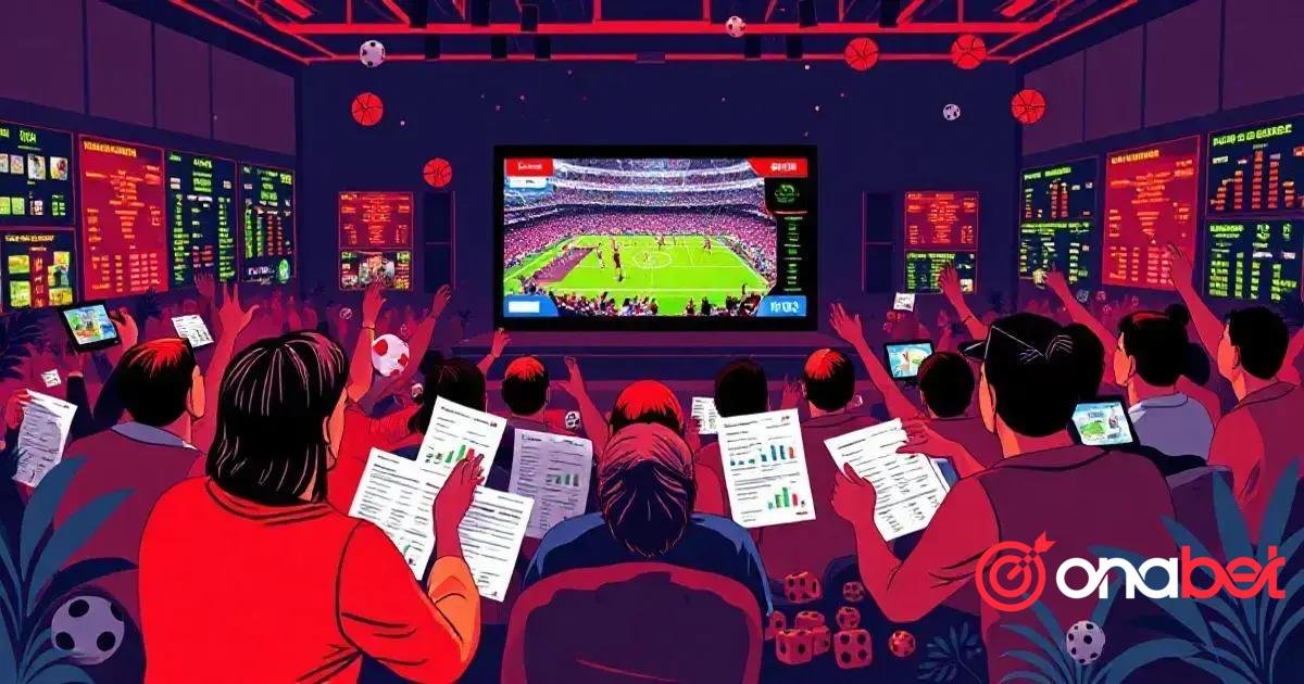 Uma ilustração vibrante de uma cena de apostas esportivas com várias pessoas focadas em uma grande tela exibindo uma partida de futebol. A sala está com pouca iluminação, predominantemente em tons de roxo e vermelho, com várias telas menores mostrando diversas probabilidades e estatísticas. As pessoas estão segurando papéis, presumivelmente boletos de apostas, com intensa concentração no jogo em andamento. A atmosfera sugere excitação e antecipação. Em primeiro plano, o logotipo “onabet” é exibido de forma proeminente em cores verde e branco contra um fundo vermelho.