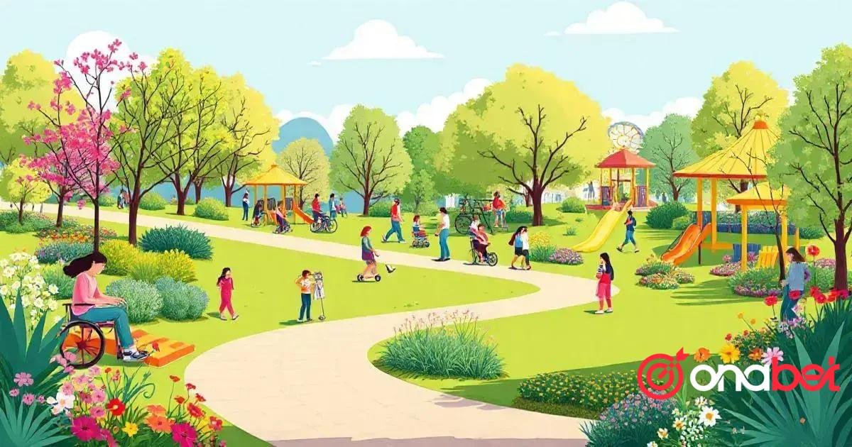 Esta é uma ilustração vibrante e colorida de uma cena animada em um parque em um dia claro. O parque está cheio de atividades e apresenta grama verde exuberante, várias árvores com folhas verdes e algumas árvores com flores rosas. Um céu azul claro com algumas nuvens brancas forma o pano de fundo. Várias pessoas estão espalhadas pelo parque, envolvidas em diferentes atividades: caminhando, sentadas em bancos, empurrando carrinhos de bebê, brincando com crianças e aproveitando os equipamentos do playground, como balanços e escorregadores. Há uma estrutura de gazebo ao fundo, à direita. No primeiro plano, à esquerda, há uma pessoa sentada em uma cadeira de rodas observando a cena. Um caminho sinuoso corta as áreas gramadas, permitindo passagens pelo parque. A imagem tem um logotipo de marca d’água no canto inferior direito que diz “onabet”.