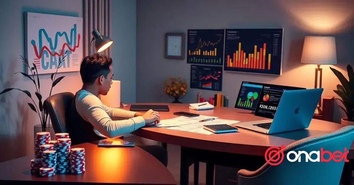 Uma cena interna focada em uma mesa com vários objetos. Há um laptop aberto exibindo gráficos coloridos e, ao lado dele, há pilhas de fichas de pôquer. Papéis e um caderno estão espalhados em frente a uma pessoa sentada à mesa, escrevendo com uma caneta. O rosto da pessoa está pixelado para privacidade. Atrás dela, há dois monitores montados na parede, ambos exibindo gráficos financeiros e análises de dados. À esquerda, há uma luminária de pé iluminando a área da mesa. A iluminação ambiente sugere que pode ser noite ou fim de tarde.A logo da Onabet está na parte inferior direito, representada por um símbolo de um alvo com uma flecha em um tom de vermelho e o nome "onabet" em letras brancas. 
Onabet Apostas