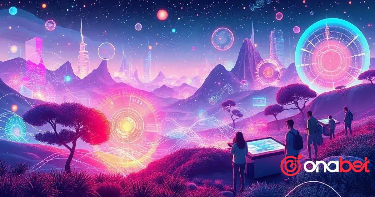 Uma arte digital vibrante e colorida que retrata uma paisagem futurista. No primeiro plano, há cinco figuras em silhueta interagindo com um painel de informações retangular e iluminado. O ambiente ao redor apresenta colinas onduladas pontilhadas com árvores esparsas de aparência estilizada. Ao fundo, há uma variedade de elementos fantásticos, como montanhas imponentes, um horizonte urbano com edifícios de formas geométricas variadas e grandes anéis que lembram construções tecnológicas ou portais. No céu, há orbes flutuantes de diferentes tamanhos emitindo um brilho suave, juntamente com corpos celestes maiores que se assemelham a planetas ou luas. A paleta de cores consiste em roxos, rosas, azuis e toques de verde, conferindo à cena uma atmosfera neon de outro mundo. No canto inferior direito, está o logotipo “onabet” em texto branco contra o fundo mais escuro da paisagem. 