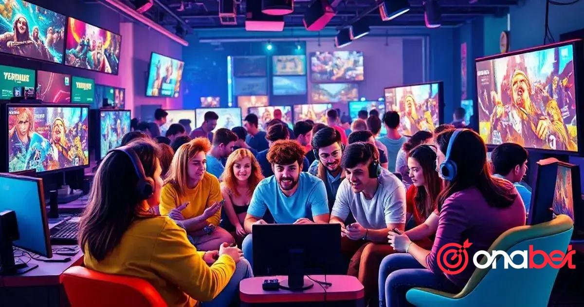 Como Escolher o Melhor Cassino para Jogar Fortune Tiger Uma imagem vibrante e colorida de um internet café com várias fileiras de estações de computador. Cada estação possui um computador desktop, monitor, teclado e mouse. Os monitores exibem uma variedade de gráficos de jogos coloridos. Diversas pessoas estão sentadas em frente aos computadores, jogando e usando fones de ouvido. A sala é iluminada por luzes neon que lançam um tom roxo sobre o ambiente, realçando a atmosfera de jogos. Os rostos das pessoas estão pixelados para preservar a privacidade. O logotipo ‘onabet’ é visível no canto inferior direito da imagem.