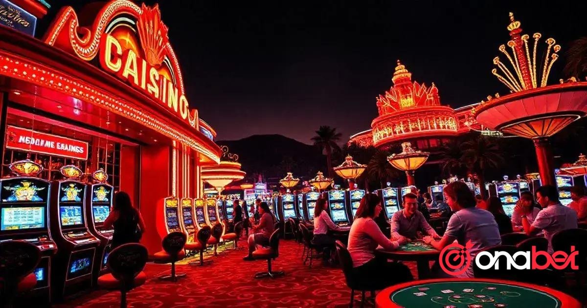 Cena interna de um cassino à noite com iluminação vibrante em tons de vermelho e dourado. Várias máquinas caça-níqueis alinham-se no lado esquerdo, cada uma com telas brilhantes e exibições coloridas. À direita, há uma mesa de cassino verde onde pessoas estão sentadas, jogando. Acima delas, o teto é adornado com decorações elaboradas que lembram estruturas de coroa iluminadas em tons de vermelho. Ao fundo, através de grandes janelas ou aberturas, são visíveis palmeiras e a silhueta de uma montanha contra um céu escuro. A entrada do cassino é grandiosa, com letreiros de néon brilhantes que soletram “CASINO” em letras maiúsculas, acompanhados por elementos decorativos que realçam sua atmosfera luxuosa. Uma logo com o texto “onabet” está presente no canto inferior direito da imagem. 