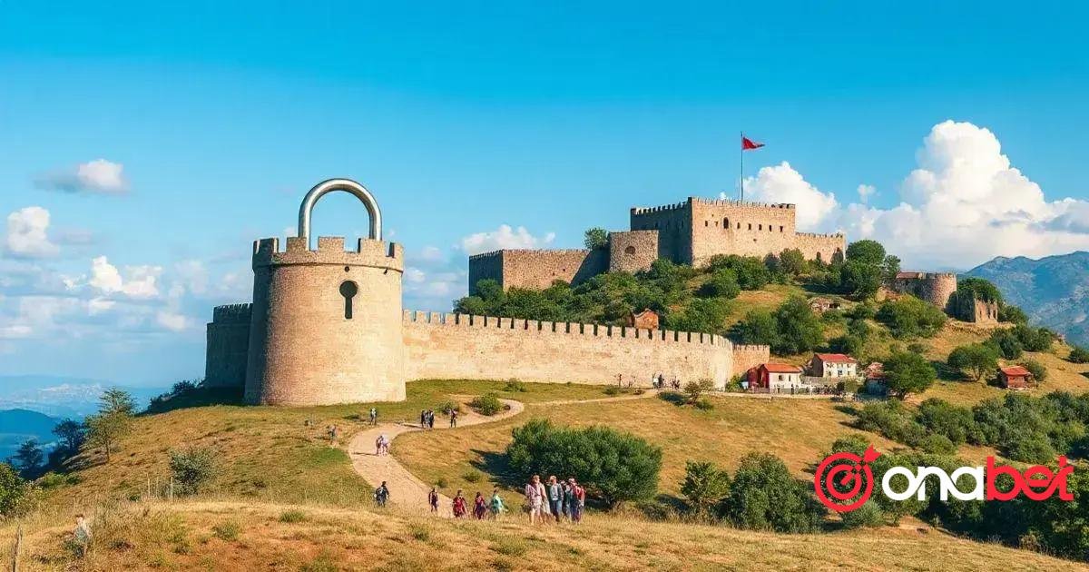 Vista panorâmica de uma fortaleza histórica no topo de uma colina sob um céu azul claro. A fortaleza possui uma torre circular proeminente com uma estrutura em forma de fechadura no topo e uma extensa muralha de pedra conectando-se a outro complexo maior de castelo com várias torres e bandeiras vermelhas. Em primeiro plano, há vegetação exuberante e vários grupos de visitantes caminhando por trilhas em direção à fortaleza. Uma logo com o texto ‘@anabel’ está presente no canto inferior direito da imagem.” 