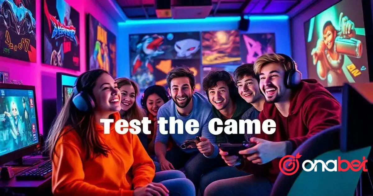 Uma imagem vibrante e colorida de cinco pessoas jogando videogame em uma sala iluminada por luzes neon. A sala está repleta de equipamentos de jogos, incluindo vários monitores de computador exibindo gráficos e personagens de jogos vívidos. As pessoas estão sentadas em um sofá preto, segurando controles de jogo e focadas intensamente em sua jogabilidade. Elas estão cercadas por paredes decoradas com pôsteres e obras de arte que retratam vários personagens e símbolos animados, contribuindo para a atmosfera imersiva de jogos. No primeiro plano, há um texto sobreposto que diz ‘Test the game’ em letras brancas contra um banner roxo, acompanhado pelo logotipo ‘onabet’ em branco no canto inferior direito. A logo da Onabet está na parte inferior direito, representada por um símbolo de um alvo com uma flecha em um tom de vermelho e o nome "onabet" em letras brancas.